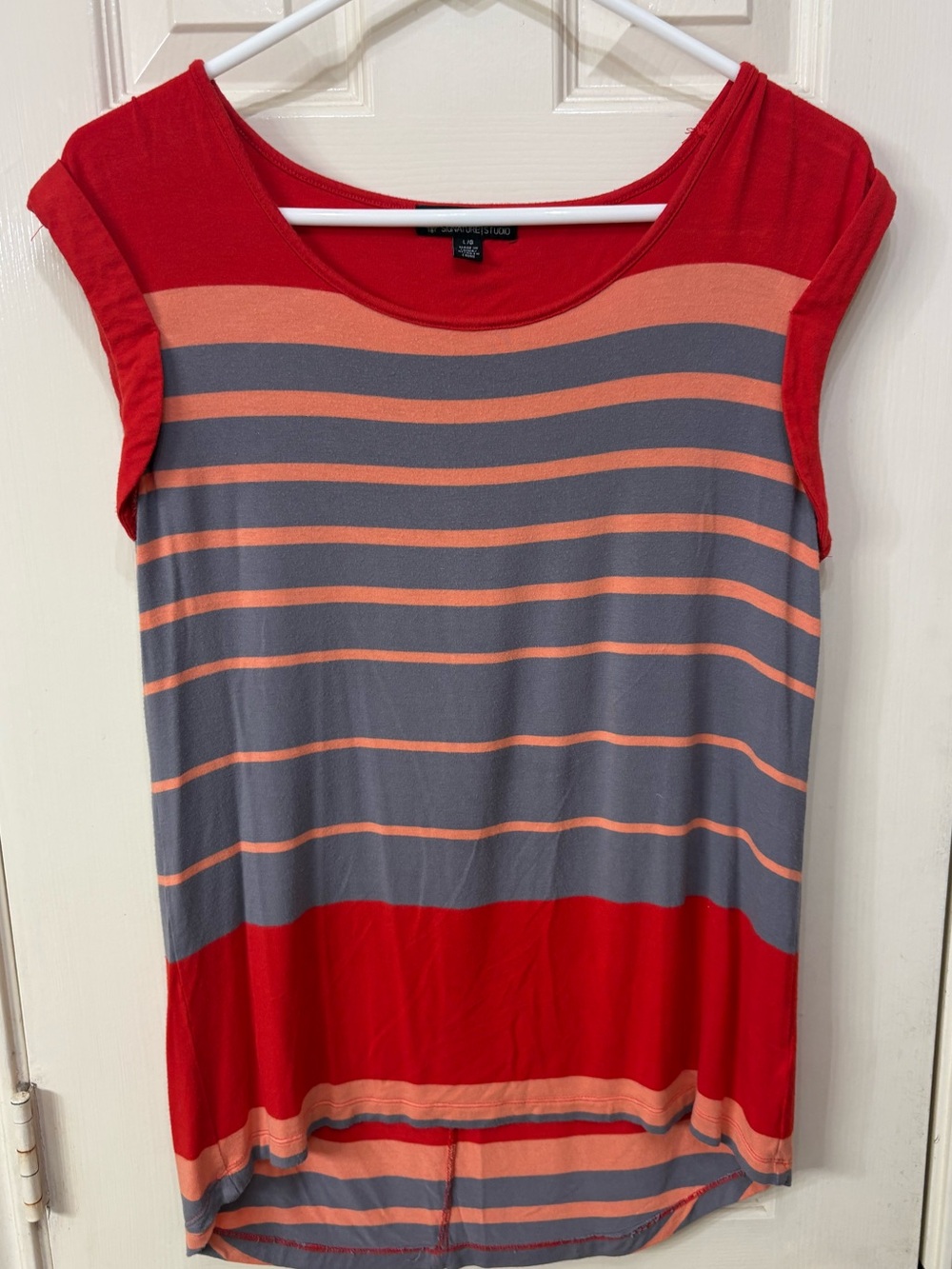 Signature Studio Red, Coral and Gray Striped Cap-Sleeve Top Sz L Read Desc